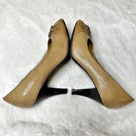 A2 by Aerosoles Benelux Peep Toe Snake Embossed Heels Tan Women's 7 - Picture 5 of 11